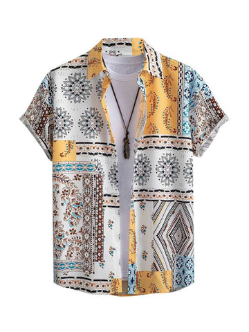 Short Sleeves Shirts for Men Retro Floral Print Geometric Pattern Streetwear Shirt Summer Beach Vacation Tops